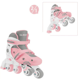 Verstellbarer Kinder-Rollschuh in Pink-Weiß, als Inliner oder Dreirad nutzbar.