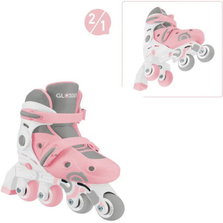 Verstellbarer Kinder-Rollschuh in Pink-Weiß, als Inliner oder Dreirad nutzbar.