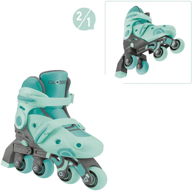 Verstellbarer Inline-Skate in Mintgrün und Grau mit vier Rollen, aus zwei Perspektiven gezeigt.