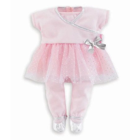 Hellrosa Baby-Outfit mit silbernen Akzenten, Tutu-Rock, Schleife und passenden Fußhosen.