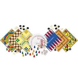 Verschiedene Brettspiele, Spielfiguren, Würfel und Spielkarten auf weißem Hintergrund ausgelegt.