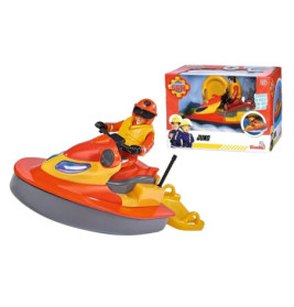 Fireman Sam Juno Jetski-Spielzeug mit Feuerwehrfigur und passender Verpackung im Hintergrund.