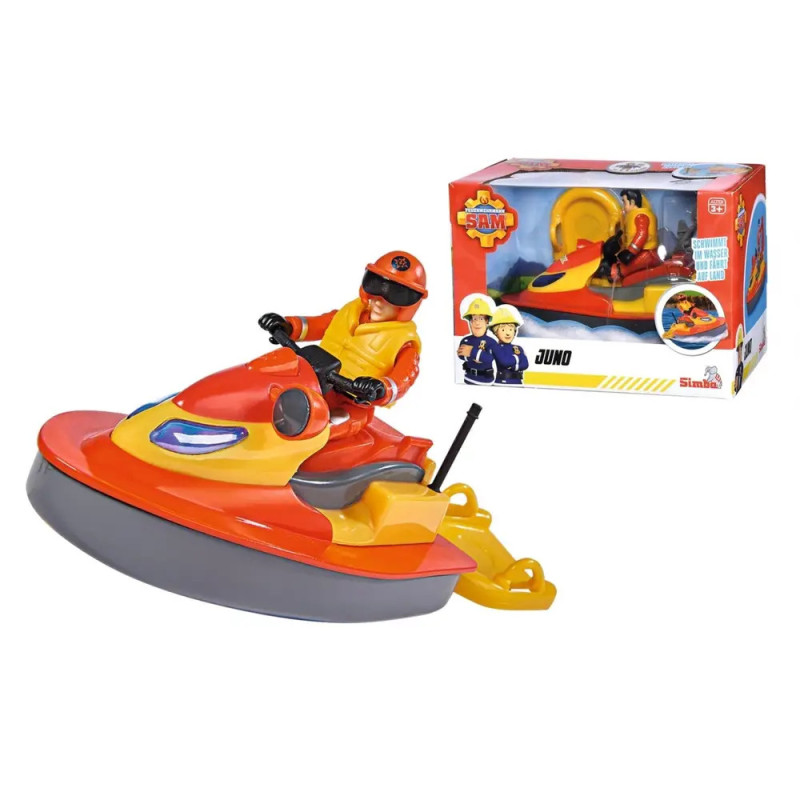 Fireman Sam Juno Jetski-Spielzeug mit Feuerwehrfigur und passender Verpackung im Hintergrund. Fireman Sam Juno Jetski-Spielzeug mit Feuerwehrfigur und passender Verpackung im Hintergrund.