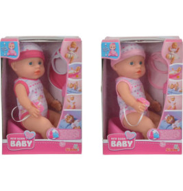 Zwei neugeborene Babypuppen im Karton, mit rosa Kleidung, Mützen und Schnullern, als New Born Baby gekennzeichnet.