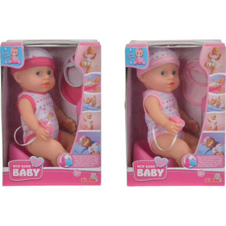 Zwei neugeborene Babypuppen im Karton, mit rosa Kleidung, Mützen und Schnullern, als New Born Baby gekennzeichnet.