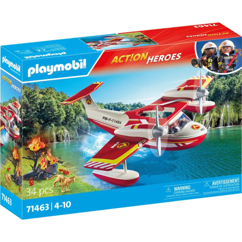 Playmobil Action Heroes-Set mit rot-weißem Wasserflugzeug über einem See und Waldbrand auf der Verpackung. Playmobil Action Heroes-Set mit rot-weißem Wasserflugzeug über einem See und Waldbrand auf der Verpackung.
