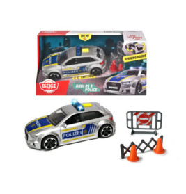 Polizei-Spielzeugauto Audi RS3 mit öffnenden Türen, inklusive Barrieren, Kegeln und Verpackung.