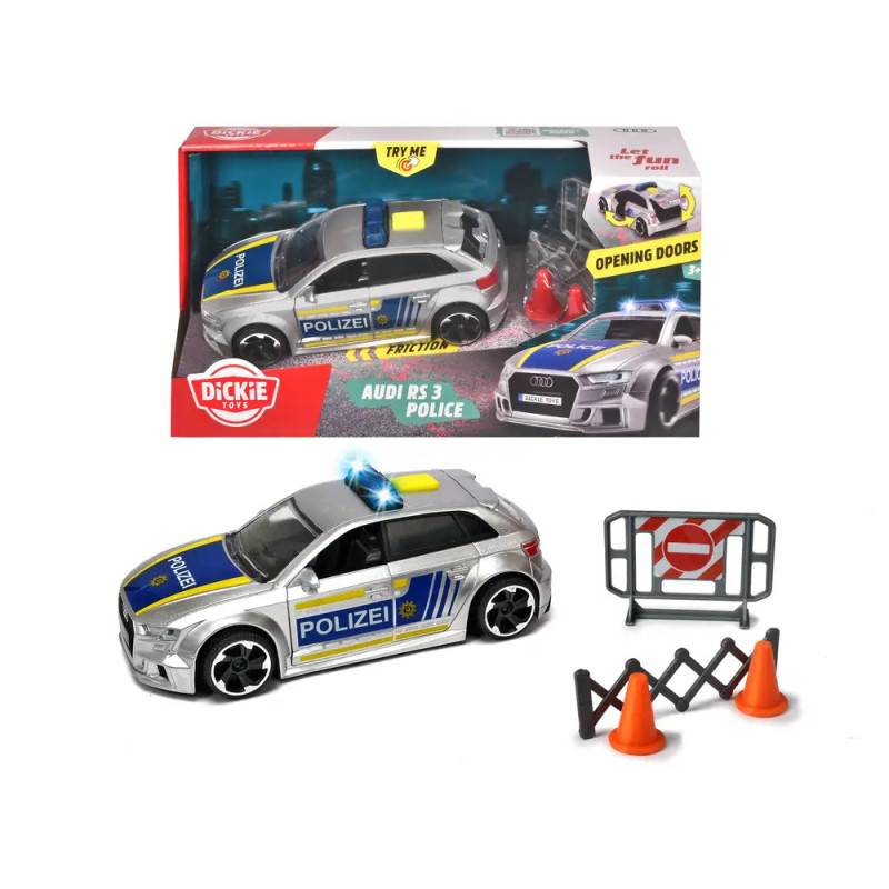 Polizei-Spielzeugauto Audi RS3 mit öffnenden Türen, inklusive Barrieren, Kegeln und Verpackung.