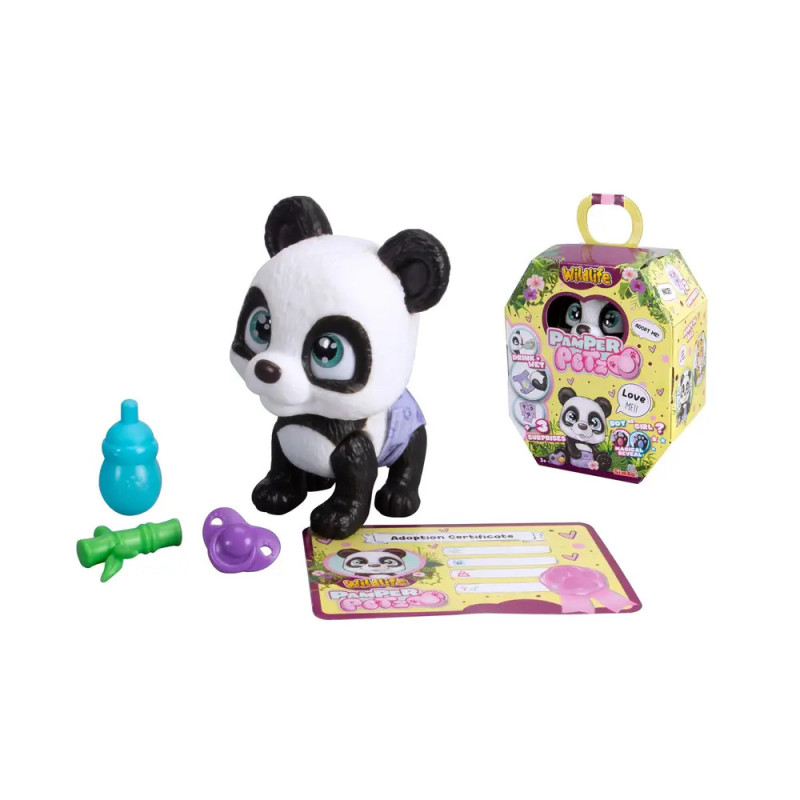 Spielset mit Pandabärenfigur, Adoptionsurkunde, Fläschchen, Bambus, Herz und bunter Verpackung. Spielset mit Pandabärenfigur, Adoptionsurkunde, Fläschchen, Bambus, Herz und bunter Verpackung.