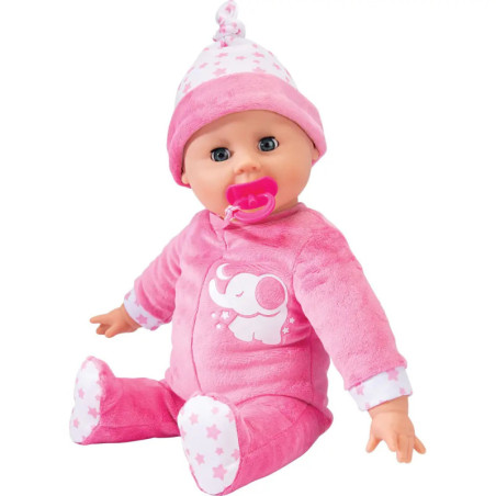Babypuppe im rosa Outfit mit Elefantenmotiv, passender Mütze und pinkem Schnuller.