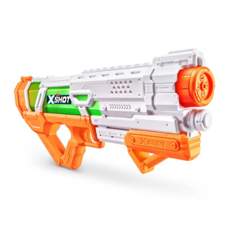 Orange-weiß-grüne X-Shot Wasserpistole im futuristischen Design, nach rechts gerichtet.