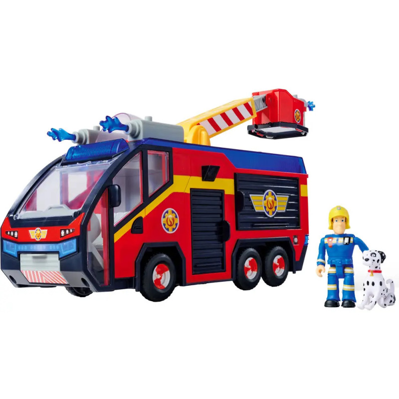 Spielzeug-Feuerwehrauto mit Feuerwehrfigur und Dalmatiner auf weißem Hintergrund.