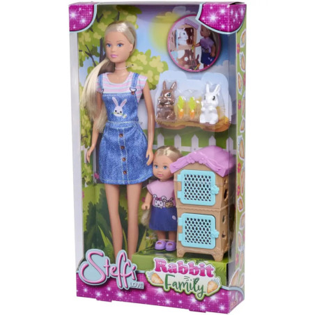 Steffi Love Rabbit Family Set mit zwei Puppen, Hasenfiguren und blauem Stall in einer Schachtel. Steffi Love Rabbit Family Set mit zwei Puppen, Hasenfiguren und blauem Stall in einer Schachtel.