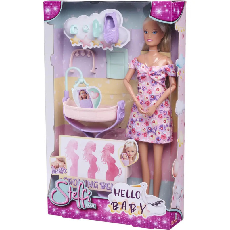 Steffi Love Hello Baby Puppenset in Box mit Puppe, Wiege, Babyzubehör und illustriertem Verpackungsdesign.