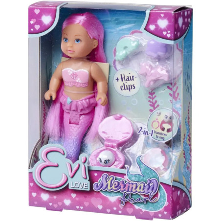Evi Love Mermaid Pearl Puppe mit pinken Haaren in Box, inklusive Haarklammern und Zubehör.