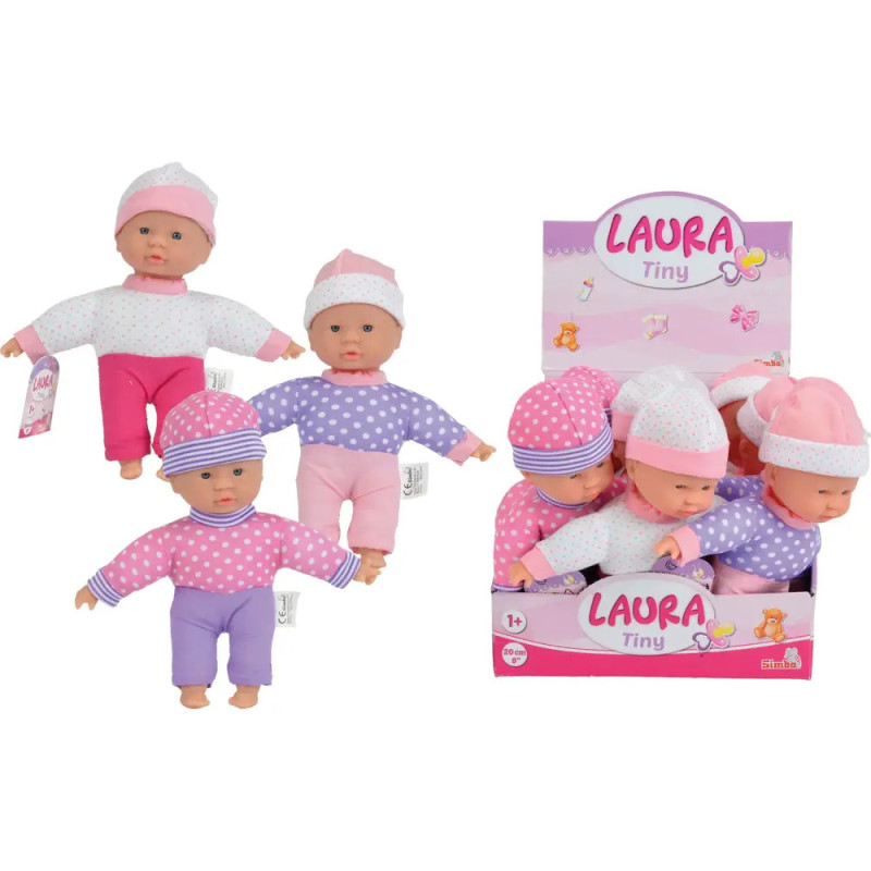 Vier Babypuppen in Pastellkleidung und Mützen, weitere Puppen in einer mit Laura Tiny beschrifteten Box.