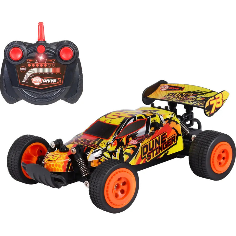 Ferngesteuertes Dune Stinger Spielzeugauto mit orangenen Rädern und passender schwarzer Fernbedienung.