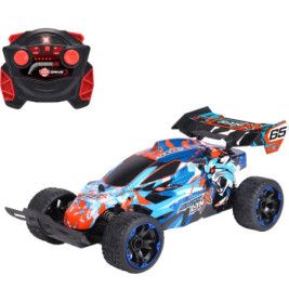 Blau-orangefarbenes ferngesteuertes Rennauto mit passender schwarz-roter Fernbedienung darüber.