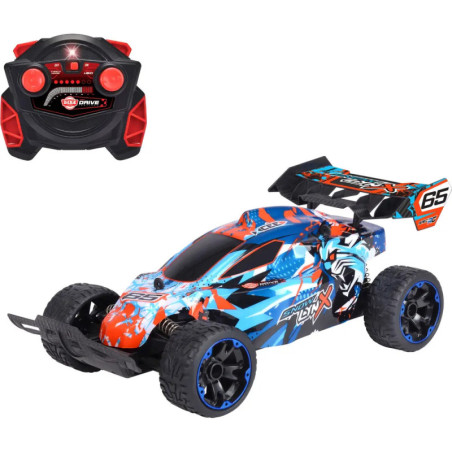 Blau-orangefarbenes ferngesteuertes Rennauto mit passender schwarz-roter Fernbedienung darüber.