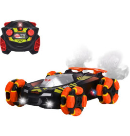 Ferngesteuertes Spielzeugauto mit orangenen Rädern und LED-Leuchten, dazu eine schwarz-rote Fernbedienung.