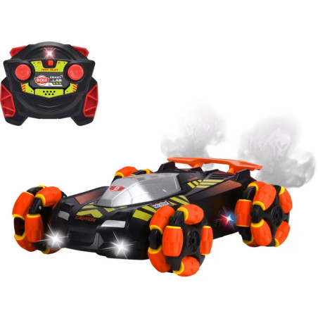 Ferngesteuertes Spielzeugauto mit orangenen Rädern und LED-Leuchten, dazu eine schwarz-rote Fernbedienung.