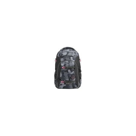 Grauer Tarn-Rucksack mit schwarzen Akzenten und roten Schnallen vor weißem Hintergrund.