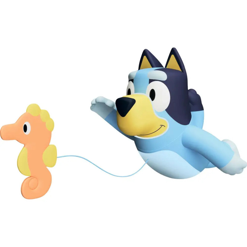 Blauer Cartoonhund fliegt und hält eine Schnur, an der ein orangener Seepferdchen-Ballon befestigt ist. Blauer Cartoonhund fliegt und hält eine Schnur, an der ein orangener Seepferdchen-Ballon befestigt ist.