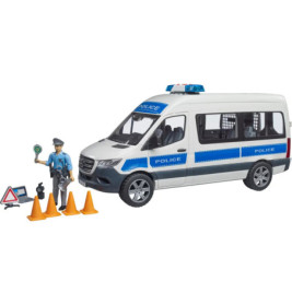 Spielzeug-Polizeiwagen mit Polizistenfigur, orangenen Pylonen und Zubehör zur Verkehrsregelung.
