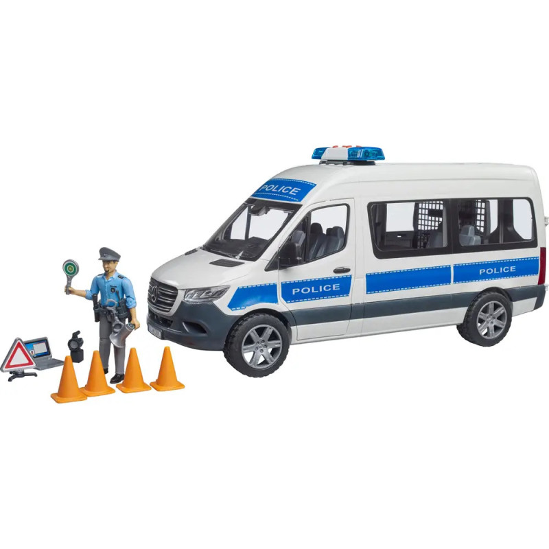 Spielzeug-Polizeiwagen mit Polizistenfigur, orangenen Pylonen und Zubehör zur Verkehrsregelung. Spielzeug-Polizeiwagen mit Polizistenfigur, orangenen Pylonen und Zubehör zur Verkehrsregelung.