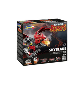 Revell Cyber Beasts Skyblade Bausatz mit rotem Roboterdrachen vor Flammen auf der Verpackung.