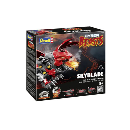 Revell Cyber Beasts Skyblade Bausatz mit rotem Roboterdrachen vor Flammen auf der Verpackung. Revell Cyber Beasts Skyblade Bausatz mit rotem Roboterdrachen vor Flammen auf der Verpackung.