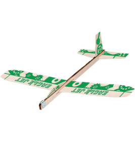 Holzgleiter mit grünem EAGLE JET-Schriftzug und Mustern auf Flügeln und Leitwerk.