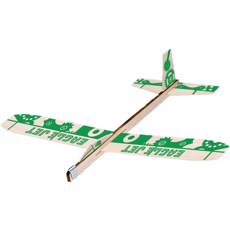 Holzgleiter mit grünem EAGLE JET-Schriftzug und Mustern auf Flügeln und Leitwerk.