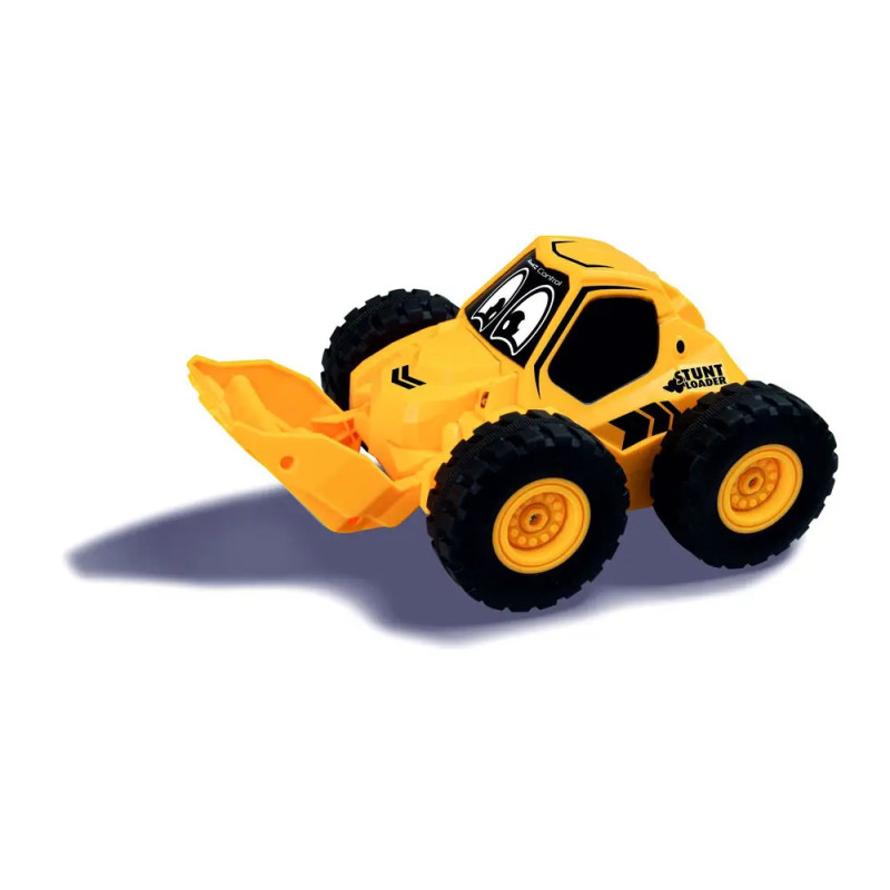 Ein gelber Spielzeug-Bulldozer mit großen Rädern und Cartoon-Augen auf der Scheibe wirft einen Schatten.