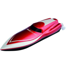 Rotes und weißes ferngesteuertes Speedboot mit aerodynamischem Design vor weißem Hintergrund.