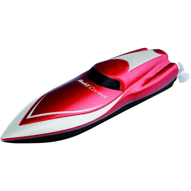 Rotes und weißes ferngesteuertes Speedboot mit aerodynamischem Design vor weißem Hintergrund.
