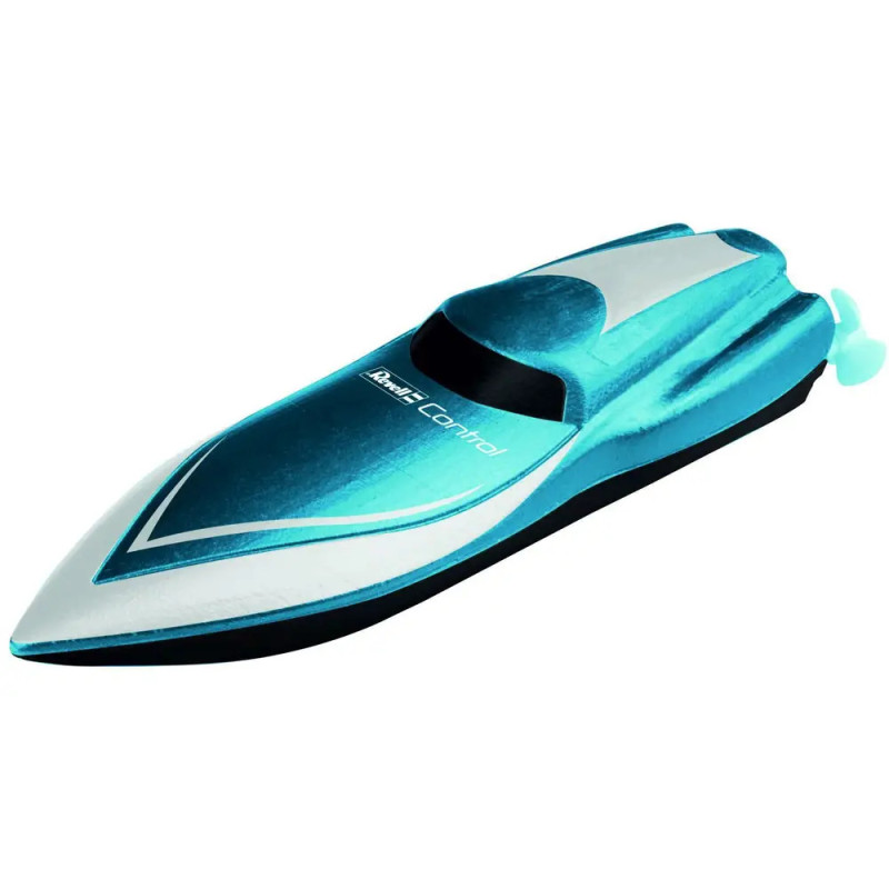 Blau-weißes ferngesteuertes Speedboot mit stromlinienförmigem Design vor weißem Hintergrund.