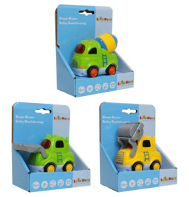 Drei bunte Baufahrzeug-Spielzeuge (Mischer, Lader, Bagger) in blauer Verpackung.