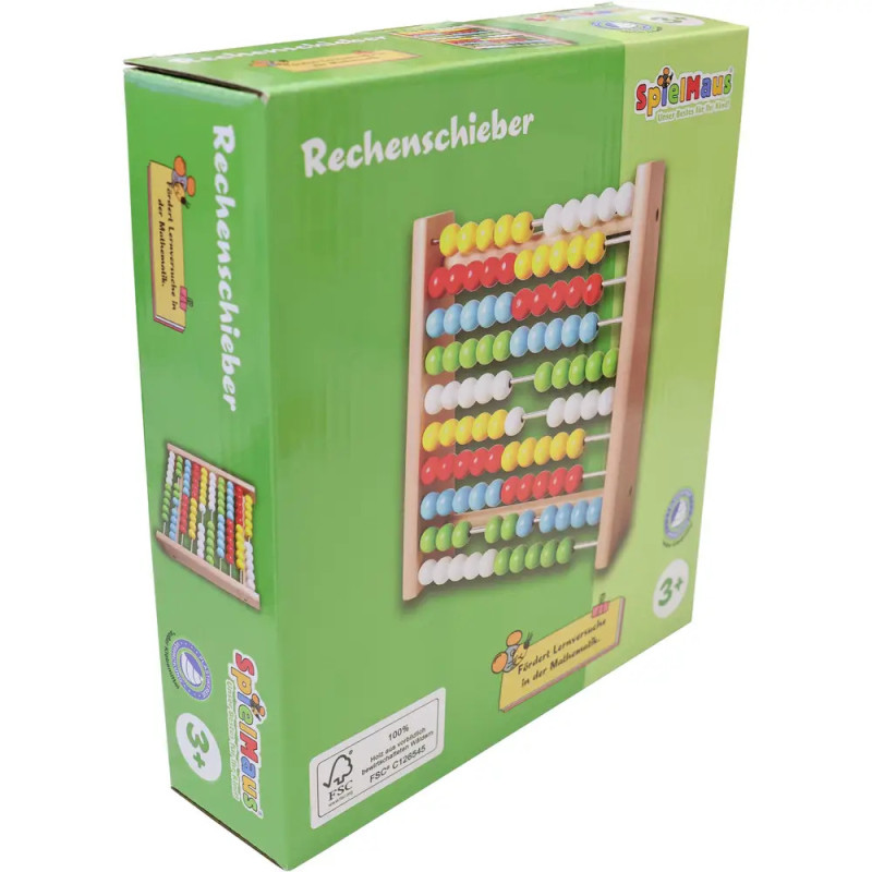 Grüne Box mit buntem Holz-Rechenschieber, beschriftet als Rechenschieber, geeignet ab 3 Jahren.