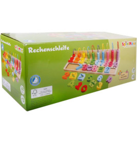 Buntes Zählspielzeug mit Zahlen, Ringen und Formen auf einer grünen Box mit der Aufschrift Rechenschleife.