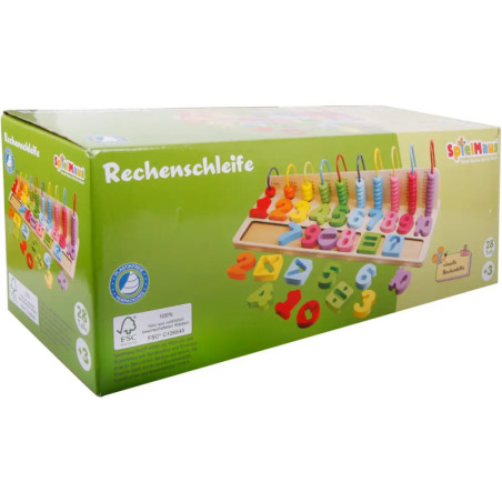 Buntes Zählspielzeug mit Zahlen, Ringen und Formen auf einer grünen Box mit der Aufschrift Rechenschleife.
