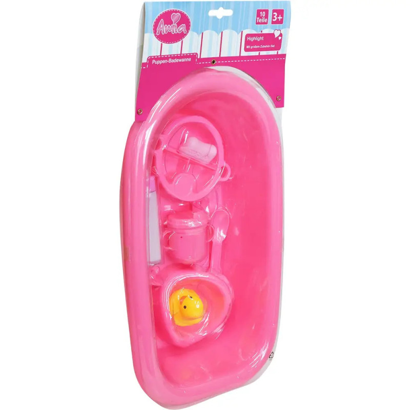 Rosa Spielzeug-Badewannenset mit Zubehör und gelber Gummiente, geeignet für Kinder ab 3 Jahren. Rosa Spielzeug-Badewannenset mit Zubehör und gelber Gummiente, geeignet für Kinder ab 3 Jahren.