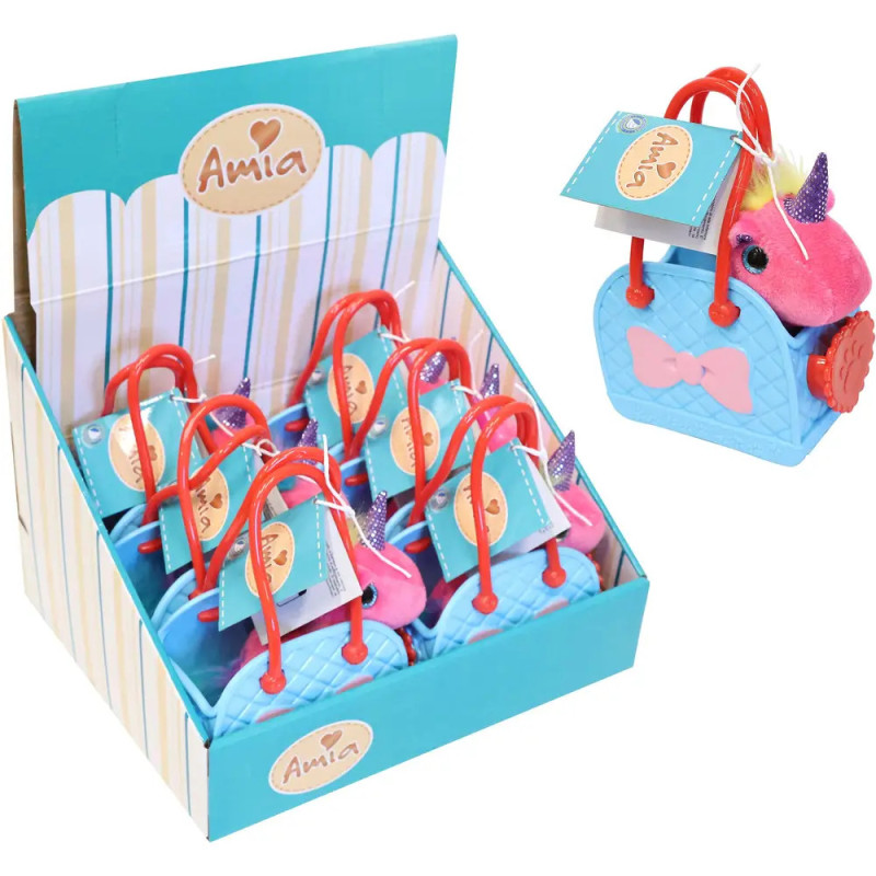 Blaue Box mit kleinen Spielzeugtaschen, jeweils mit rosa Einhorn-Plüsch und Anhänger, Aufschrift: Amia.