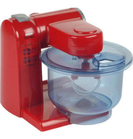 Rote Bosch-Küchenmaschine mit transparenter Schüssel und seitlich sichtbaren Geschwindigkeitsstufen.