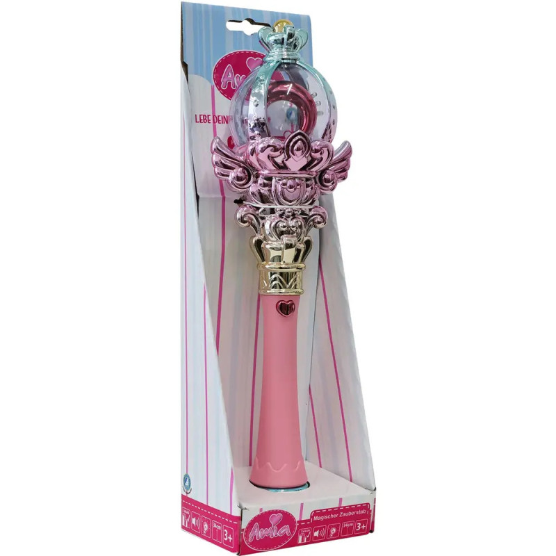 Ein rosa-goldener Zauberstab in dekorativer Verpackung mit klarem Orb und Flügeldetails.