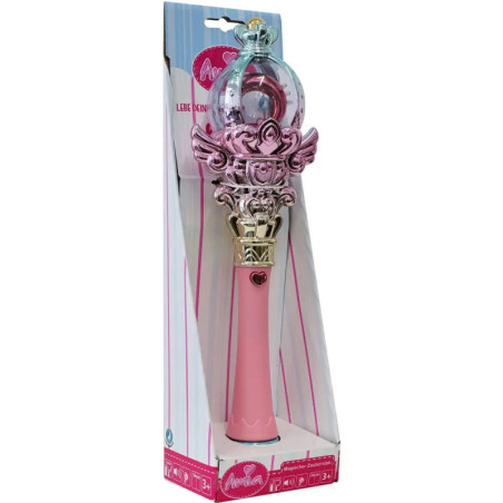 Ein rosa-goldener Zauberstab in dekorativer Verpackung mit klarem Orb und Flügeldetails.