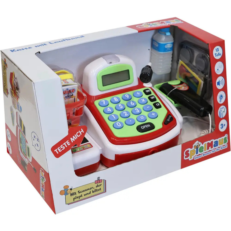 Spielkassen-Set mit Scanner, Spielgeld, Lebensmitteln und SpielMaus-Logo in der Verpackung.