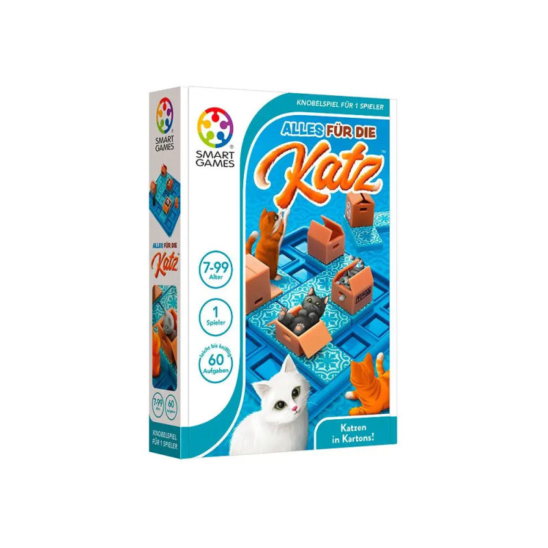 Box von Alles für die Katz: Ein Puzzlespiel mit Katzen und Kartons auf blauem Hintergrund. Box von Alles für die Katz: Ein Puzzlespiel mit Katzen und Kartons auf blauem Hintergrund.