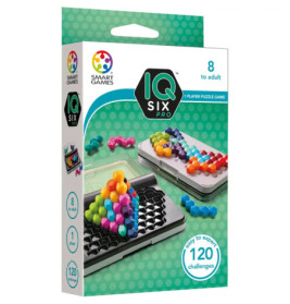 IQ Six Pro Spielbox mit bunten Teilen, 120 Aufgaben, für 1 Spieler ab 8 Jahren.