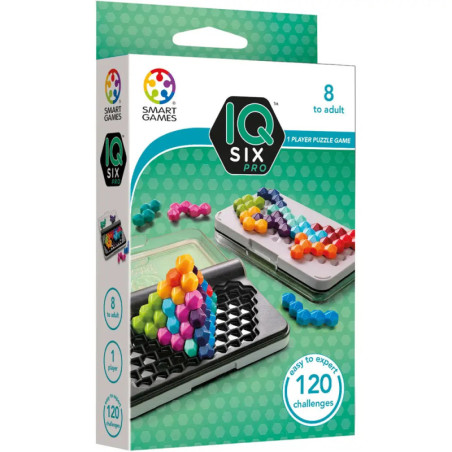 IQ Six Pro Spielbox mit bunten Teilen, 120 Aufgaben, für 1 Spieler ab 8 Jahren.
